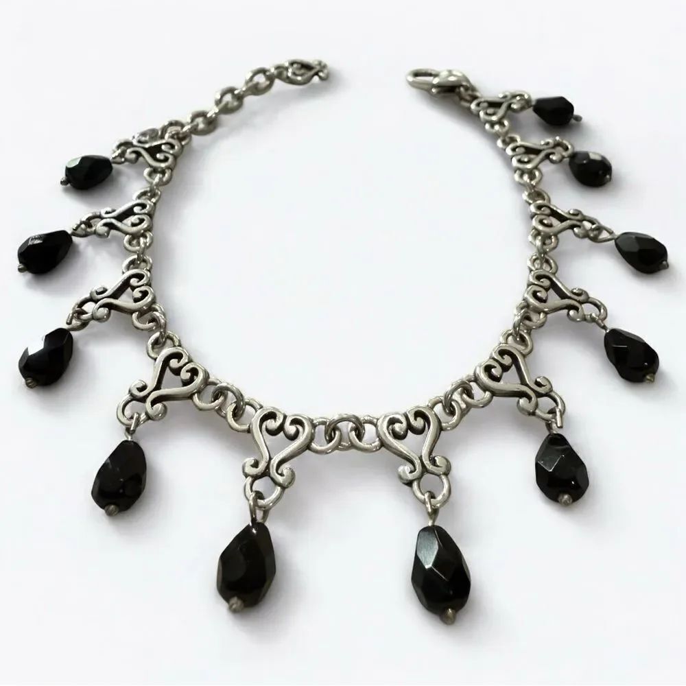 Vintage Silver Scroll Link Bracelet w/ Black Glass Charms | Gothic Romantic